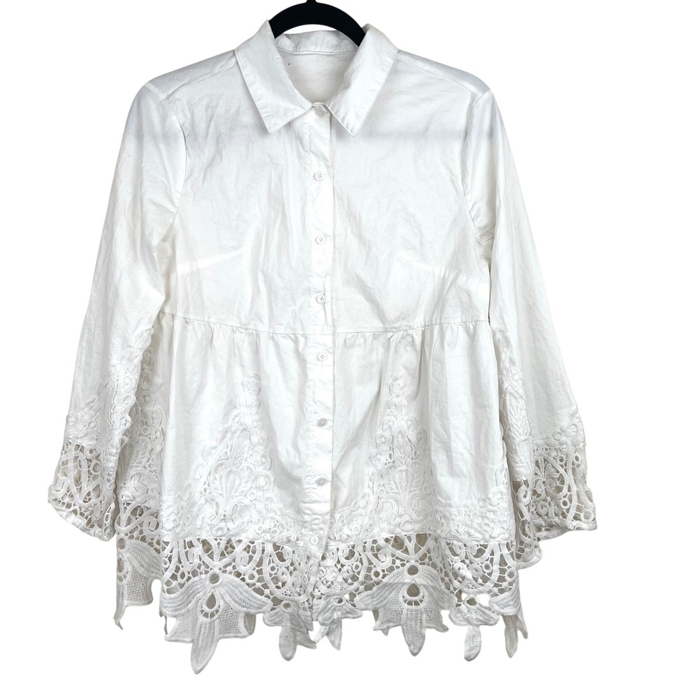 Womens Top Sz‎ M Cotton Lace Lagenlook Cottage Button Up Long Sleeve Boho White